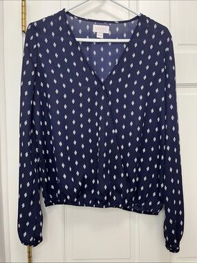 Vixbe Navy & White Geometric Printed V Neck Long Sleeve Blouse - Size Medium